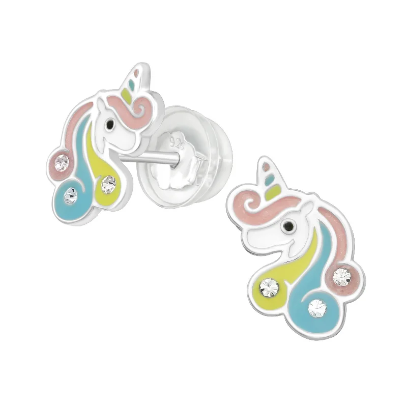 Light enamel earrings-Children’s Sterling Silver Unicorn Earrings.