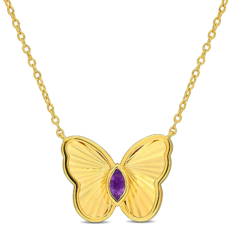 Woven thread necklaces-Mimi & Max 1/8ct TGW Marquise-Cut Amethyst Butterfly Necklace with Chain Yellow Silver-17 in