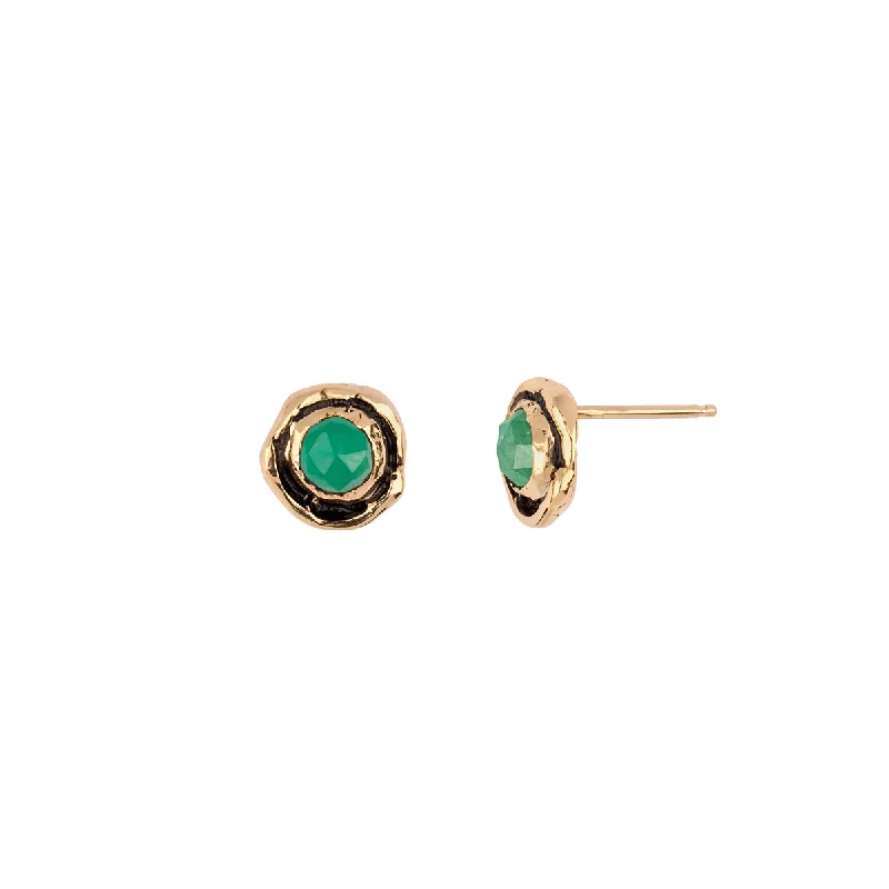 Bright pearl earrings-Small Emerald Faceted Stone 14K Gold Stud