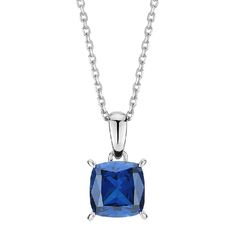 Emerald stone necklaces-Cushion and Round Brilliant solitaire necklace with sapphire and diamond simulants in sterling silver