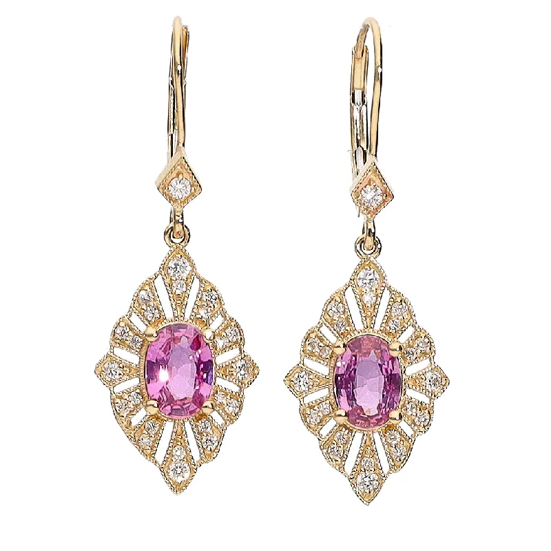 Shiny druzy earrings-14K Yellow Gold Oval Pink Sapphire and Diamond Leverback Drop Earrings