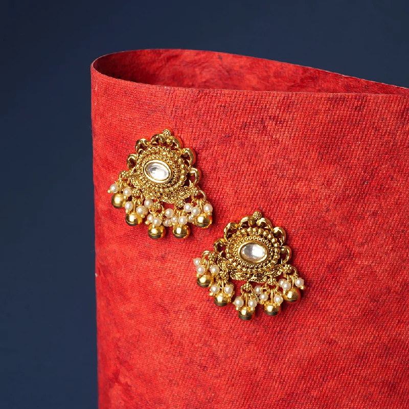 Crow feather earrings-Juhi Kundan Earrings in Antique Gold