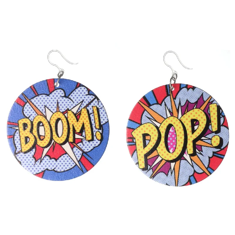 Wooden Pop Art Dangles Hypoallergenic Earrings for Sensitive Ears Made with Plastic Hooks