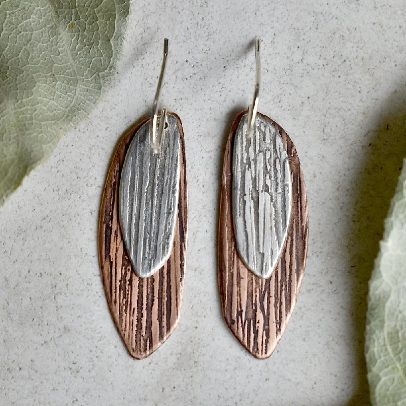 Crow feather earrings-'Silk Texture' Silver & Copper Double Drop Earrings