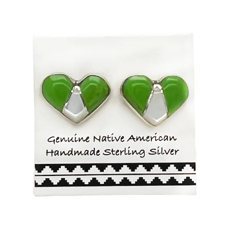 Bright Green Gaspeite Heart Stud Earrings, 925 Sterling Silver, Native American USA Handmade, Nickel Free, Natural Stone