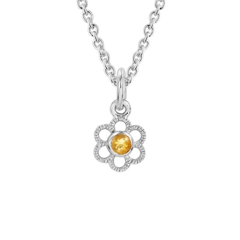 Fiber braid necklaces-STERLING SILVER CITRINE FLOWER PENDANT NECKLACE