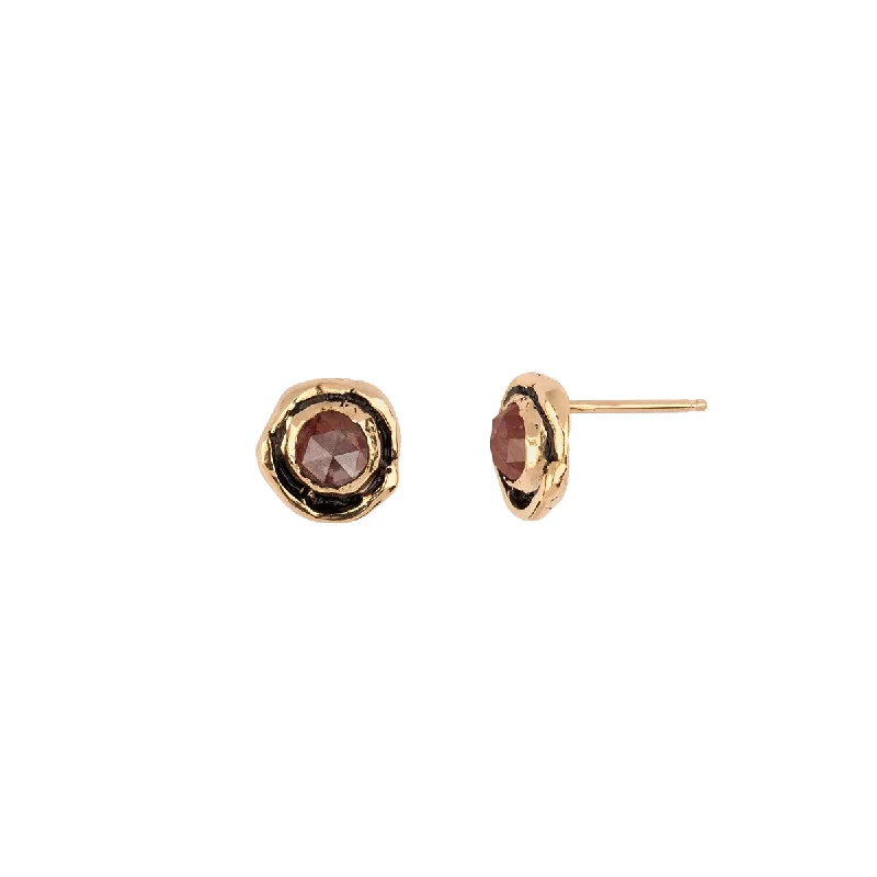 Solid ring earrings-Small Cognac Rustic Diamond Faceted Stone 14K Gold Stud