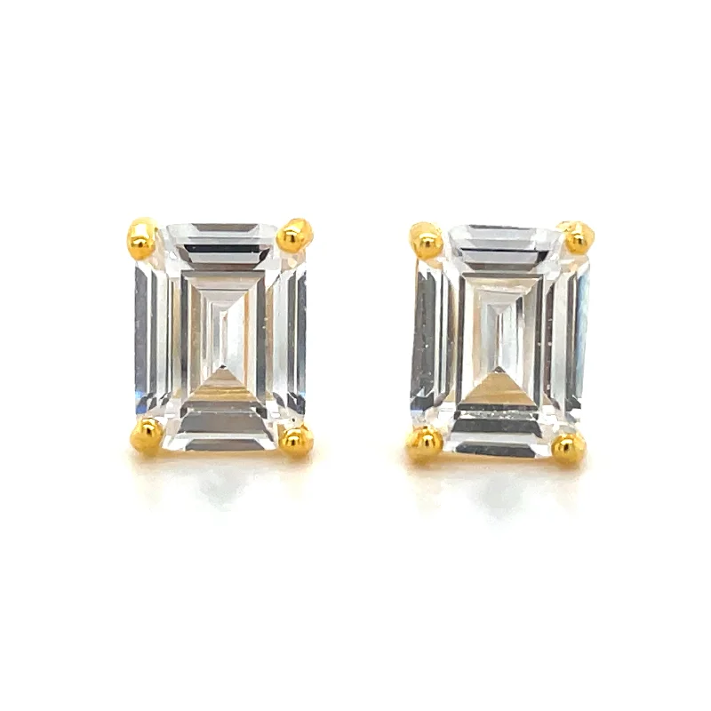 Topaz stone earrings-Golden Emerald Cut Cz Earrings