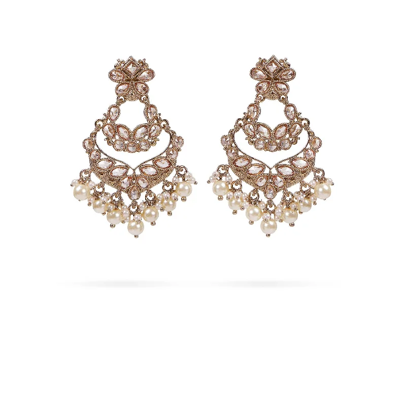 Trekker braid earrings-Double Layer Chandbali Earrings in Pearl and Antique Gold