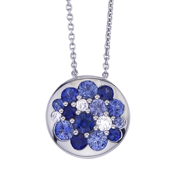 Poppy motif necklaces-MARK PATTERSON 18K WHITE GOLD TANGO BLUE SAPPHIRE AND DIAMOND CLUSTER DISC PENDANT NECKLACE