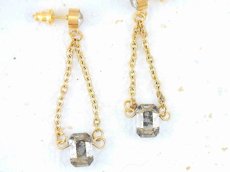 Long earrings with 10mm Gold Patina patterned Swarovski crystal pendulums, gold-toned stainless steel chain and crystal posts