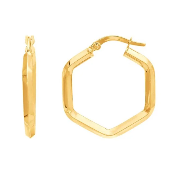 Bright pearl earrings-14K Yellow Gold Hexagon Hoop Earrings