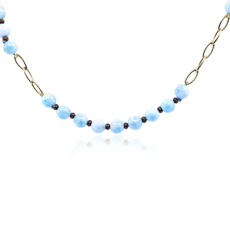 Oval drop necklaces-EXCLUSIVELY NINA 14K YELLOW GOLD OVAL LINK AND LARIMAR BEAD NECKLACE