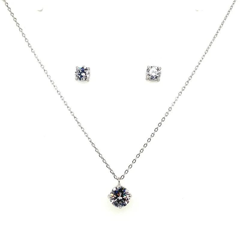 Light texture earrings-Sterling Silver Round Cz Pendant & Earring Set