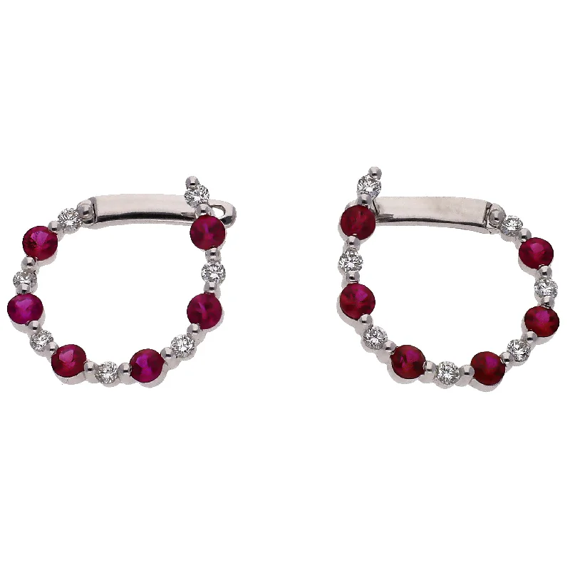 Slim hoop earrings-18K White Gold Ruby & Diamond Left/Right Hoop Earrings