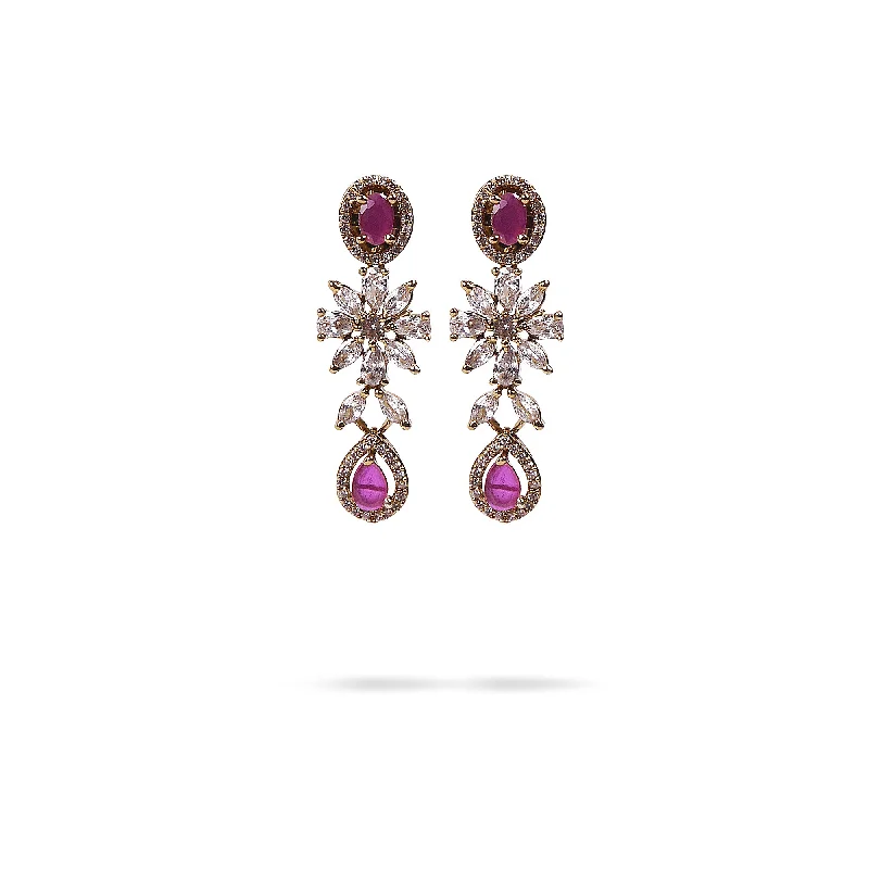 Edwardian style earrings-Floral Cubic Zirconia Earrings in Ruby