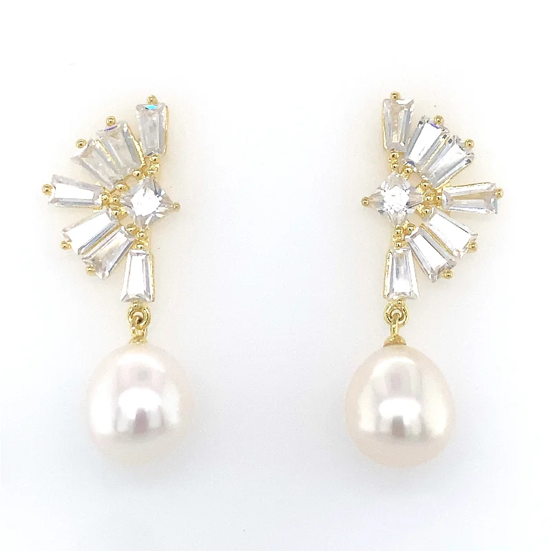 Tiered drop earrings-Golden CZ Baguette Fan Earring with Pearl Drop