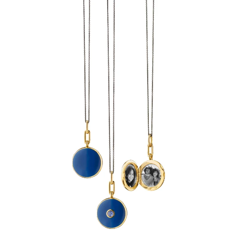 Flax cord necklaces-MONICA RICH KOSANN STERLING SILVER AND 18K YELLOW GOLD VERMEIL NAVY ENAMEL ROUND LOCKET NECKLACE