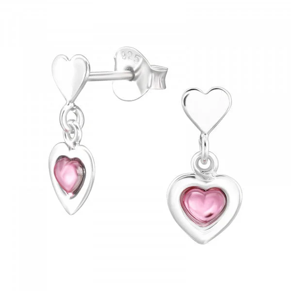 Broad hoop earrings-Childrens Sterling Silver Pink Heart Drop Earrings