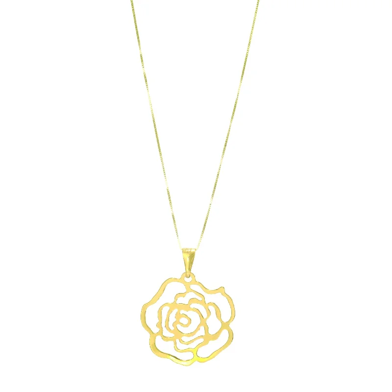 Galaxy charm necklaces-14kt Yellow Gold Shiny 26mm Fancy Rose Pattern On 14kt 18 inches Yellow Gold 0.6mm Classic Box Chain with Spring Ring Clasp