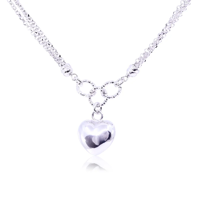 Flow shape necklaces-STERLING SILVER PUFF HEART THREE STRAND NECKLACE