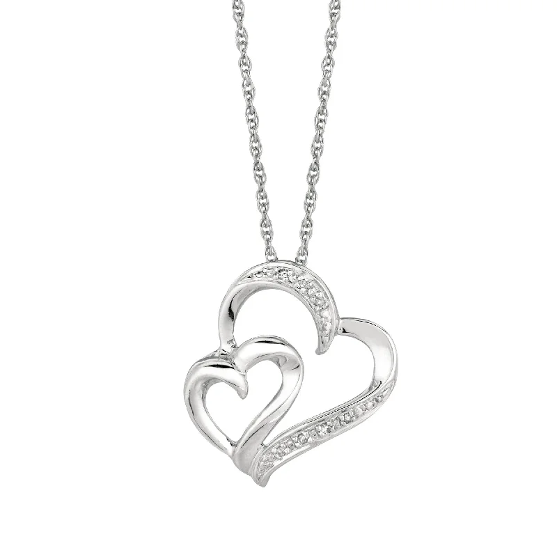 Bold stone necklaces-Silver 18 inches Rhodium Finish Shiny 1.1mm Cable Chain with Lobster Clasp+0.03Ct White Diamond One Small+One Large Open Heart Pendant