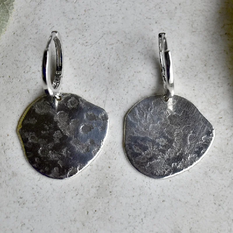 Blended metal earrings-'Concrete' Silver Huggie Hoop with Patterned Drop