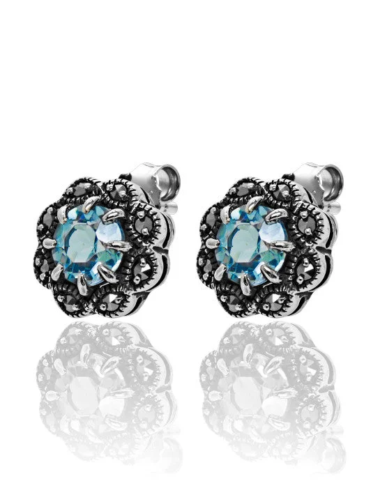 Petal hoop earrings-Marcasite and Blue Topaz Flower Studs