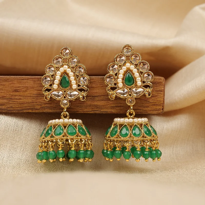 Rustic brass earrings-Green And Pearl Jhumka Earrings