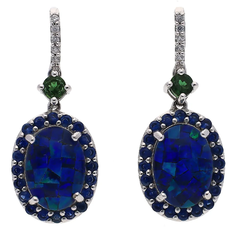 Full moon earrings-Sterling Silver Opal and Tsavorite Garnets, Sapphires, and Topaz Dangle Earrings