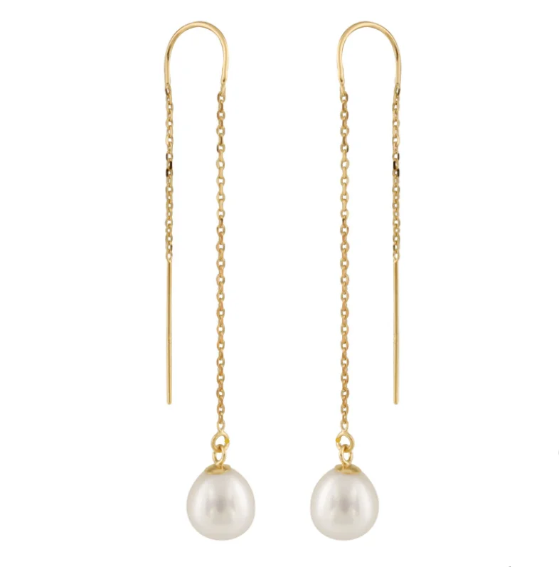 Two-tone earrings-Gold & Pearl - Pull-Through Drop Earrings