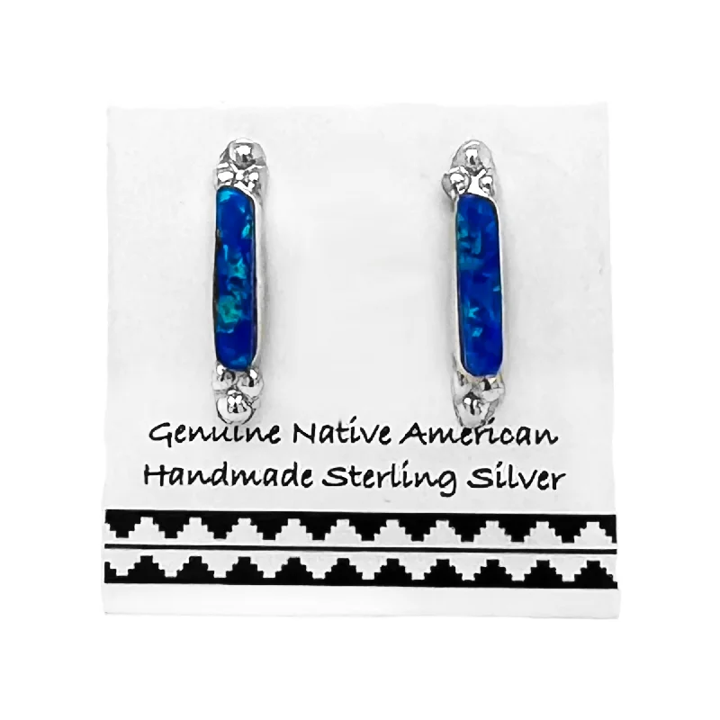 Dark Blue Desert Opal Bar Stud Earrings, 925 Sterling Silver, Native American USA Handmade, Nickel Free, Synthetic Opal