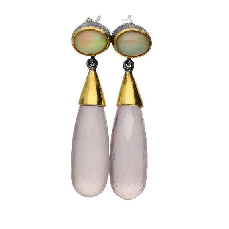 Twisted cord earrings-Bora Jewelry of Brooklyn sterling Silver & Bronze Drop Earrings w/Oval Opals & Teardrop Rose Quartz