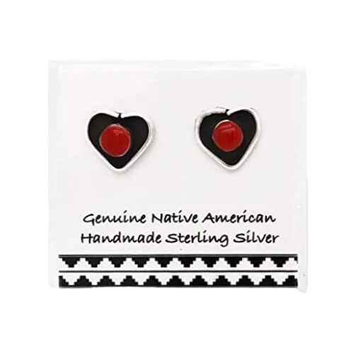 6mm Genuine Red Coral Heart Stud Earrings, 925 Sterling Silver, Native American USA Handmade, Nickel Free, Small