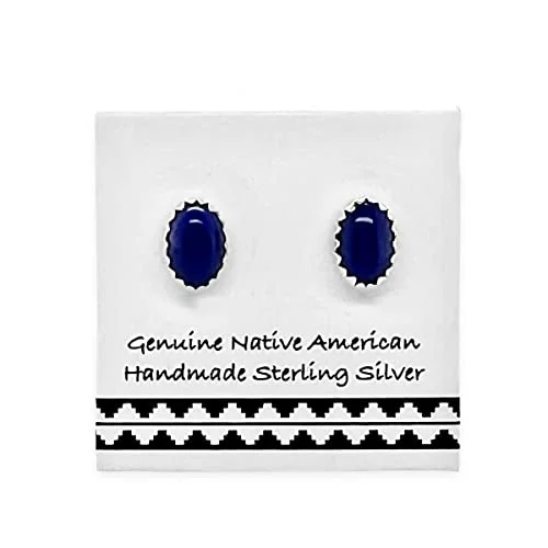 6mm Genuine Lapis Lazuli Stud Earrings in 925 Sterling Silver, Southwest Oval Style, Native American USA, Nickel Free, Navy Blue