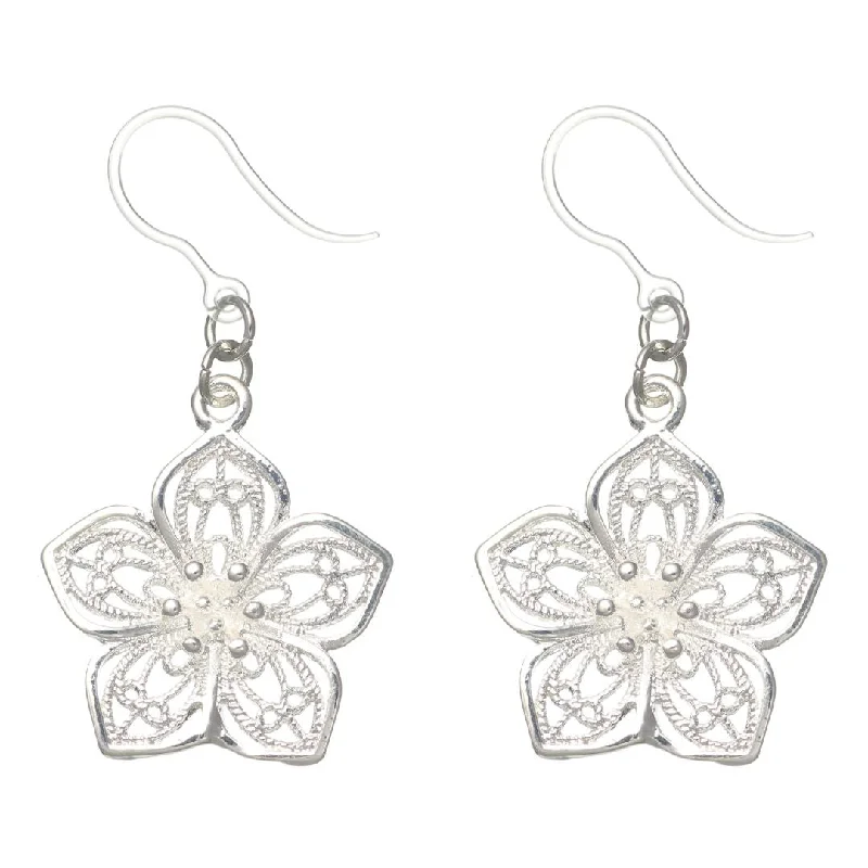 Silver Decorative Flower Dangles Hypoallergenic Earrings for Sensitive Ears Made with Plastic Posts