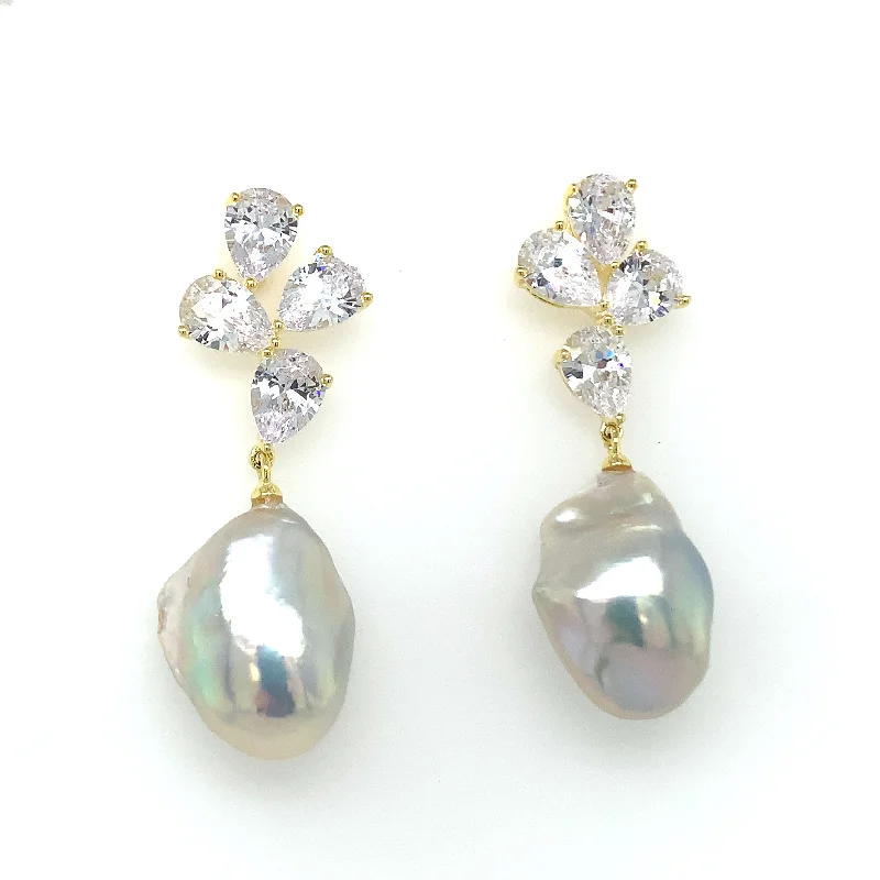 Java tile earrings-Golden Hanging Pear CZ with Drop Pearl Earring