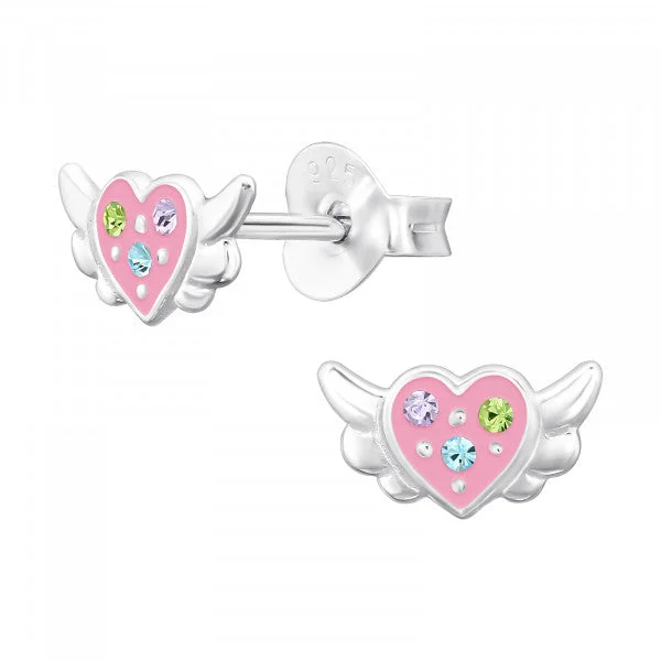 Shiny gold earrings-Childrens Sterling Silver Winged Heart Earrings