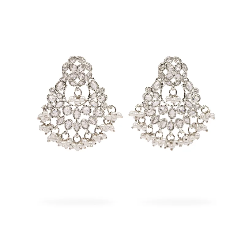 Blended metal earrings-Small Ethnic Crystal Earrings in Rhodium