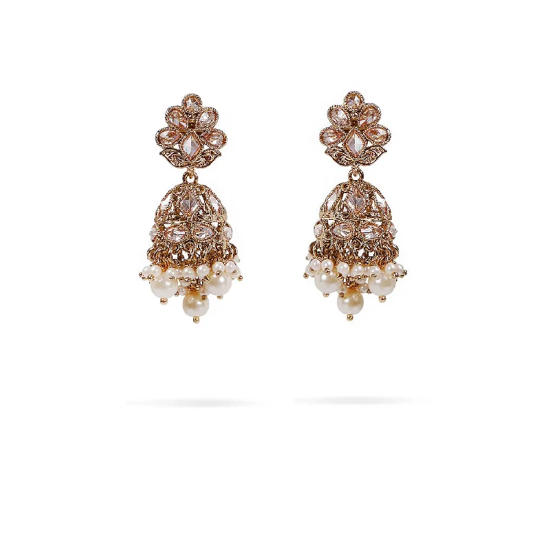 Stone weave earrings-Aleena Jhumka Earrings in Pearl and Antique Gold