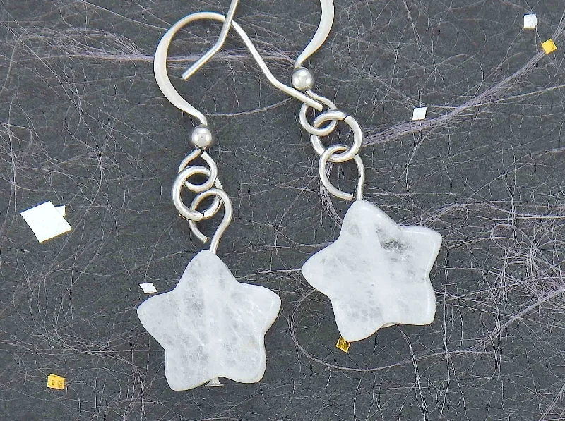 Short earrings with small white quartz stone stars, stainless steel hooks