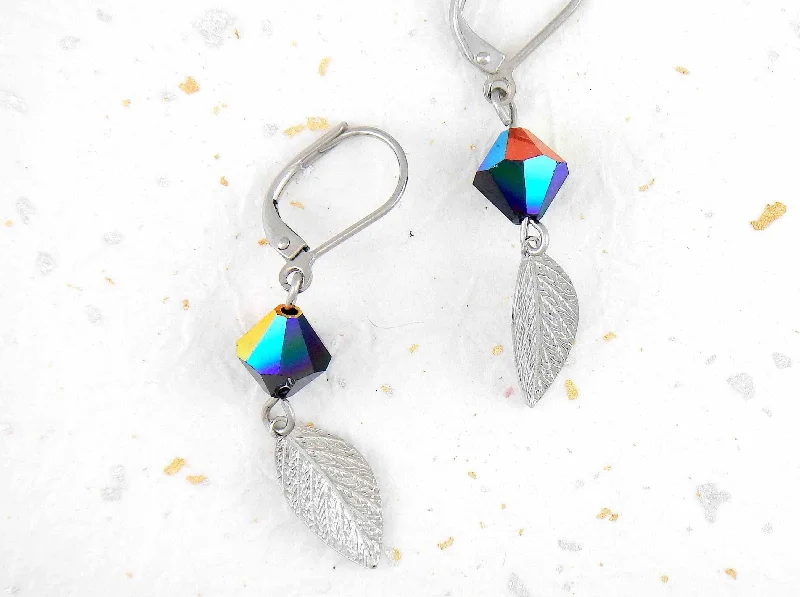 Long earrings with tiny silver leaves and iridescent black Swarovski crystals, stainless steel lever back hooks