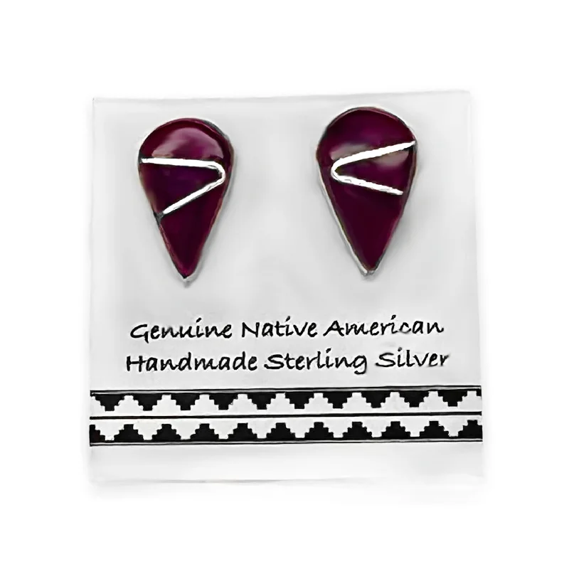 Genuine Purple Spiny Oyster Shell Stud Earrings, Teardrop, Sterling Silver, Authentic Native American USA Handmade, Nickel Free