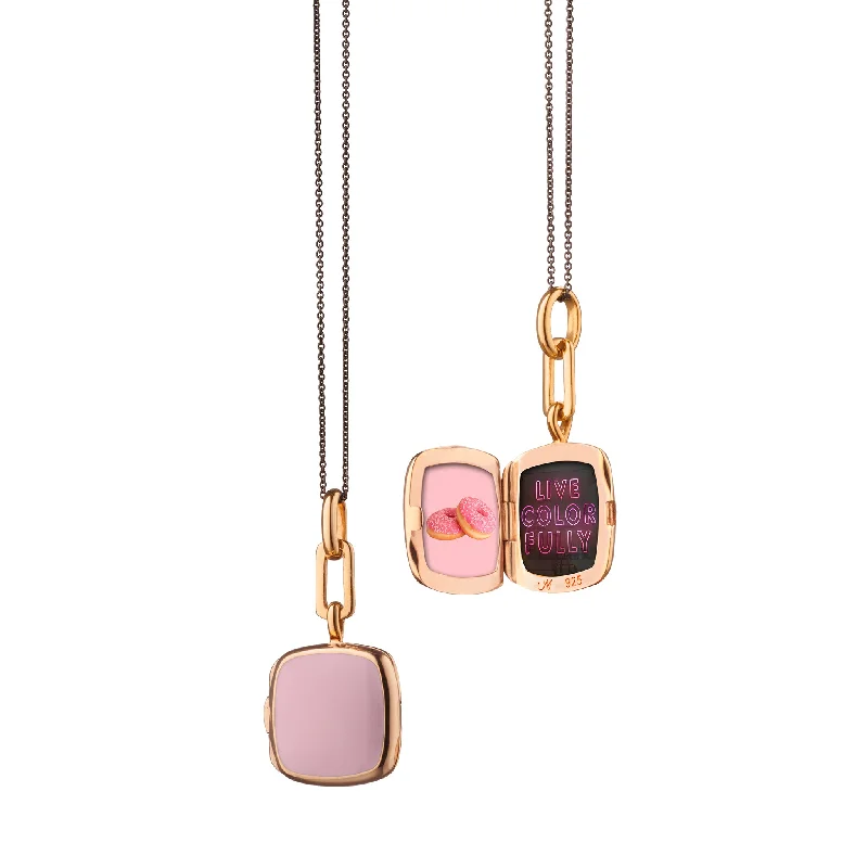 Blended metal necklaces-MONICA RICH KOSANN STERLING SILVER AND 18K ROSE GOLD VERMEIL PINK ENAMEL CUSHION LOCKET NECKLACE