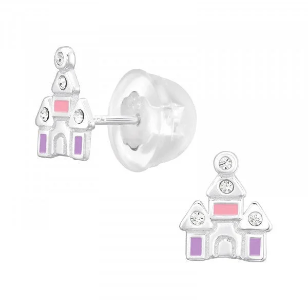 Warm clay earrings-Childrens Sterling Silver Castle Earrings