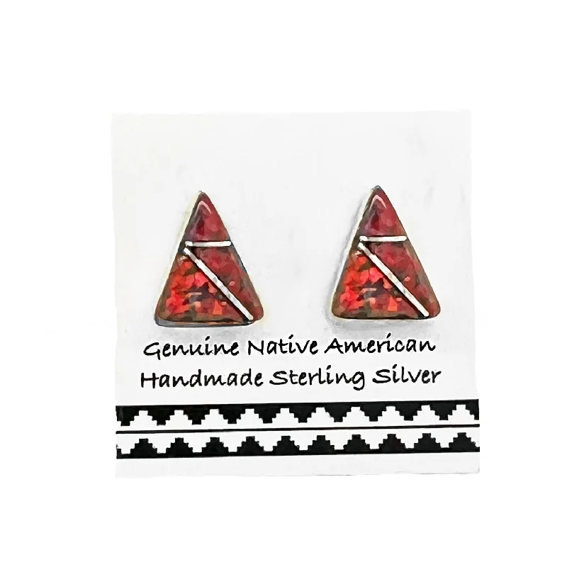 9mm Desert Opal Stud Earrings in 925 Sterling Silver, Native American USA Handmade, Nickel Free, Red Synthetic Opal