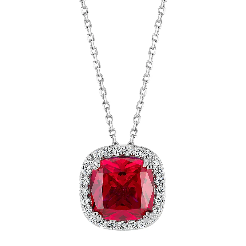 Ruby drop necklaces-Halo necklace with ruby simulant and 0.25 carats* of diamond simulants in sterling silv