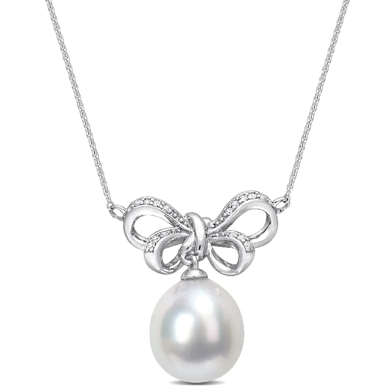 Natural braid necklaces-Mimi & Max 9.5 -10mm South Sea Cultured Pearl and Diamond Accent Bow Pendant with Chain in 10k White Gold