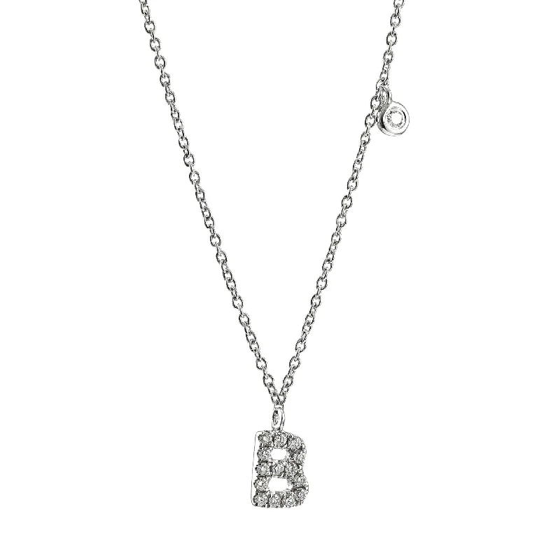 Warm wood necklaces-ADJUSTABLE 14-16-INCH 14K WHITE GOLD PAVE DIAMOND LETTER B NECKLACE