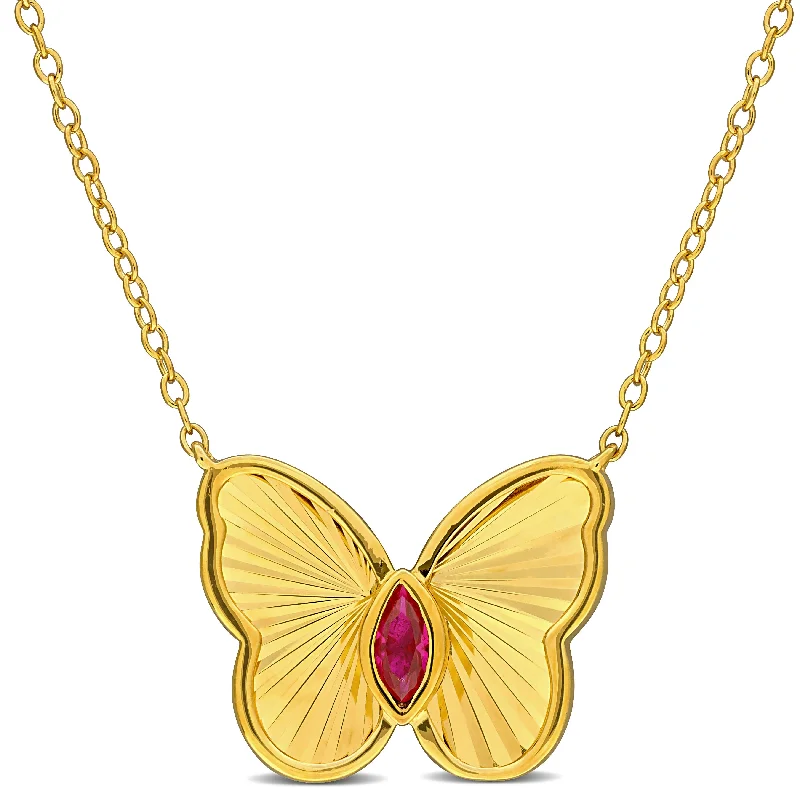 Jazz age necklaces-Mimi & Max 1/5ct TGW Marquise-Cut Created Ruby Butterfly Necklace Yellow Silver-17in